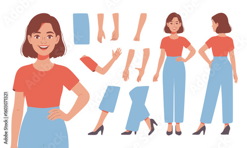 Illustration of a smiling woman in a red shirt and blue pants, shown from front and back views, with separate arm and leg components.