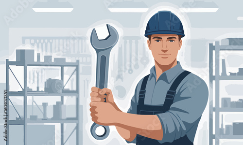 Cartoon illustration of a mechanic holding a large wrench in a workshop, wearing a blue hard hat and overalls.