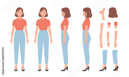 Illustration of a woman in different poses and a breakdown of her body parts for animation or design purposes.