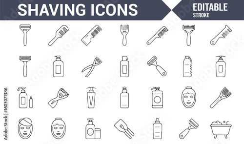 Set of Shaving and Grooming Icons for Personal Care, Razors, Brushes, and Creams