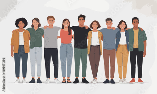 A diverse group of nine young adults stand shoulder-to-shoulder, smiling and looking forward, symbolizing unity, friendship, and teamwork.