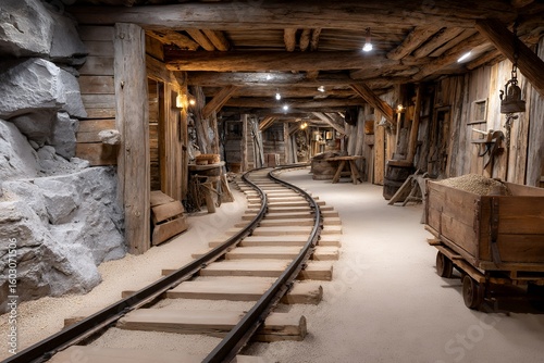 Rustic underground mine tunnel with wooden support beams and rail tracks