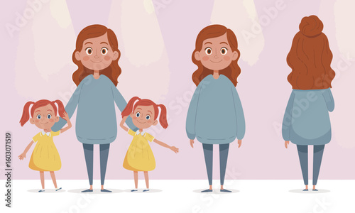 Illustration of a woman with red hair standing with two young girls, also red-haired, wearing yellow dresses, shown from the front and back.