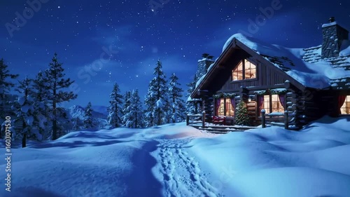 Cozy cabin glows under starry night, promising winter holiday magic and peaceful snowy escape