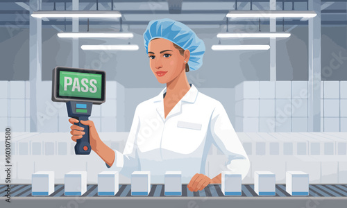 A woman in a lab coat and hairnet scans boxes on a conveyor belt with a handheld device displaying "PASS" in a factory setting.