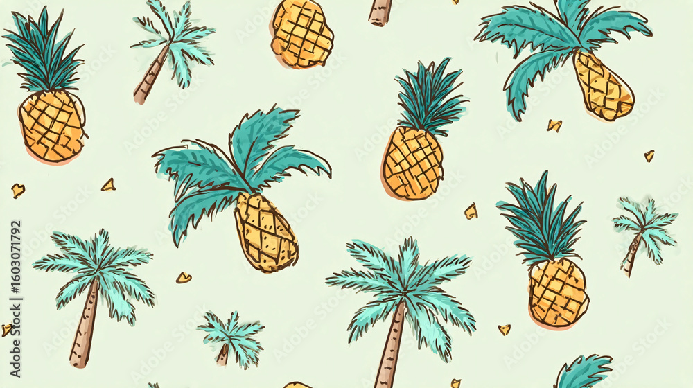 Obraz premium Tropical Pattern with Pineapples and Palm Trees, Summer Vacation Theme, Hand Drawn Style