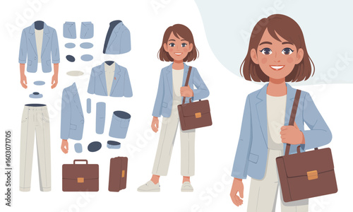Illustration of a woman in a light blue blazer with a briefcase, alongside separate clothing elements for customization and design purposes.