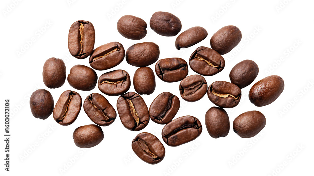 Naklejka premium Roasted coffee beans isolated on transparent white background, clipping path 