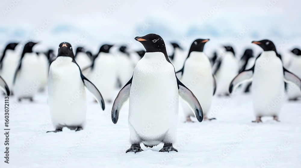 Obraz premium Penguin colony huddled together in Antarctic ice, cold, resilient, vast white landscape