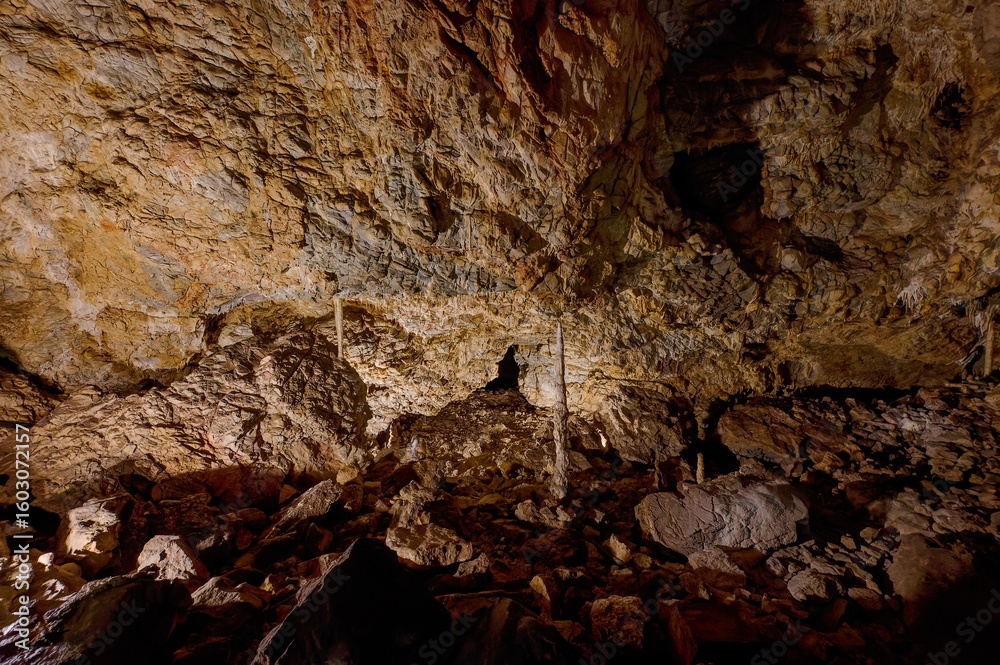 Interior View of Kateřinská Cave in Moravian Karst – Limestone Formations and Stalactites Interior View of Kateřinská Cave in Moravian Karst – Limestone Formations and Stalactites