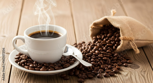 Steaming Hot Coffee and Roasted Beans on Rustic Wood