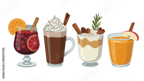 A product photography layout of four winter beverages arranged in a row against a pure white background. 
