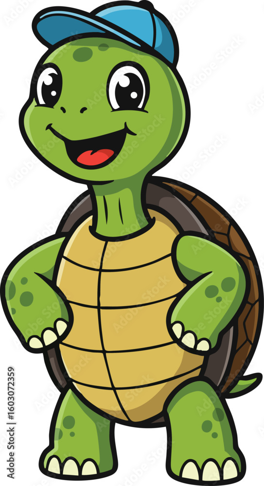 Naklejka premium Cute cartoon green turtle character wearing blue cap standing smiling vector illustration 