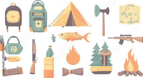 Camping and Outdoor Recreation Vector Illustration Seamless Pattern on White Background