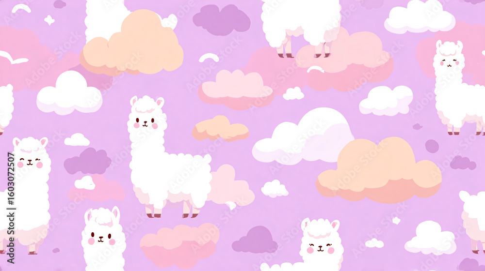 Obraz premium Cute Llama and Cloud Seamless Pattern, Pastel Colors, Whimsical Design, Children's Illustration, Background