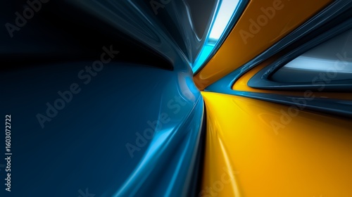 Blue and yellow striped wall with a curved design