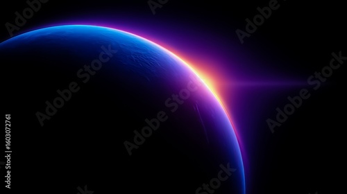 Blue planet with a purple sun in the background