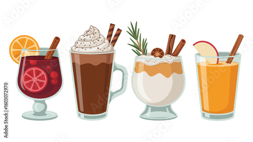 A product photography layout of four winter beverages arranged in a row against a pure white background. 