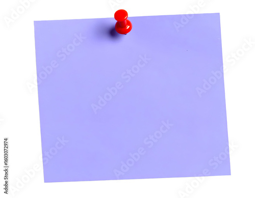 Purple sticky post-it note with red pushpin isolated on transparent background.