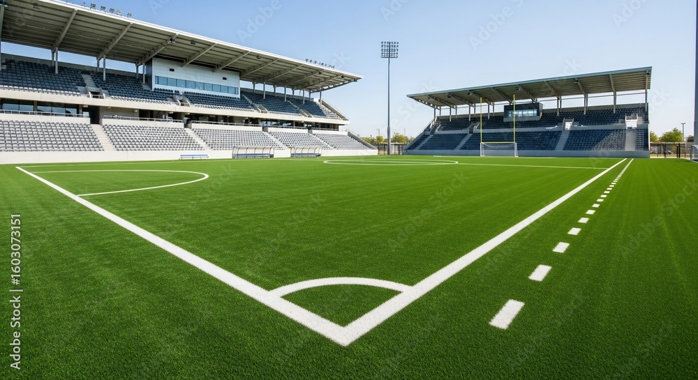 Obraz premium A wide-angle view of a modern soccer stadium with a pristine, green field, and empty seating.