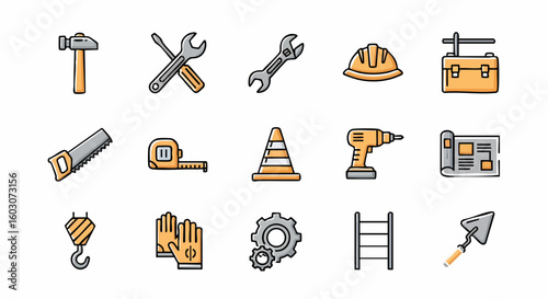 Construction tools icons set building engineering repair maintenance