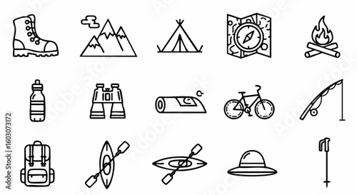 Vector Line Icons for Camping Hiking Adventure and Outdoor Activities