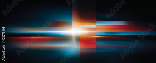 Colorful abstract painting with a red and blue cross in the center