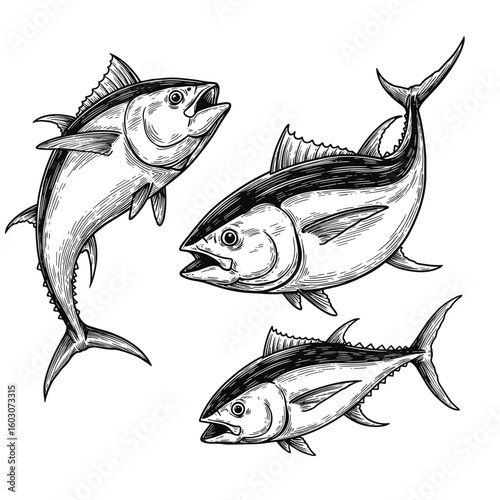 . Engraving Illustration of Tuna Fish Collection in Motion from Multiple Angles – Retro Vector for Seafood Labels and Packaging Design