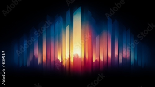 Colorful cityscape with a sunset in the background