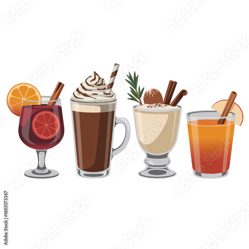A product photography layout of four winter beverages arranged in a row against a pure white background. 