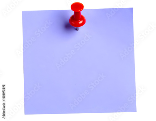 Purple sticky post-it note with red pushpin isolated on transparent background.