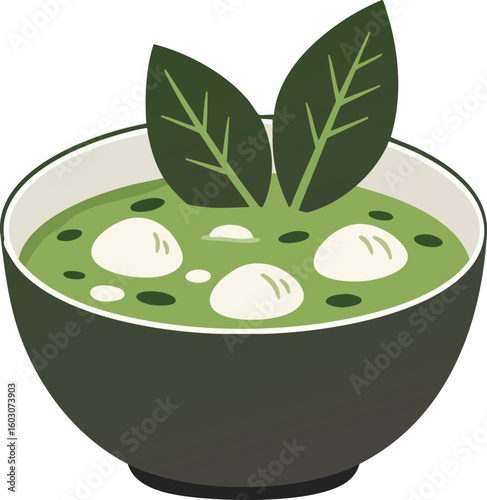 Green soup with spinach leaves and round dumplings in bowl vector illustration for healthy food concept