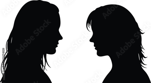 Two women silhouetted facing each other profile views representing relationships connection communication and partnership simple vector design