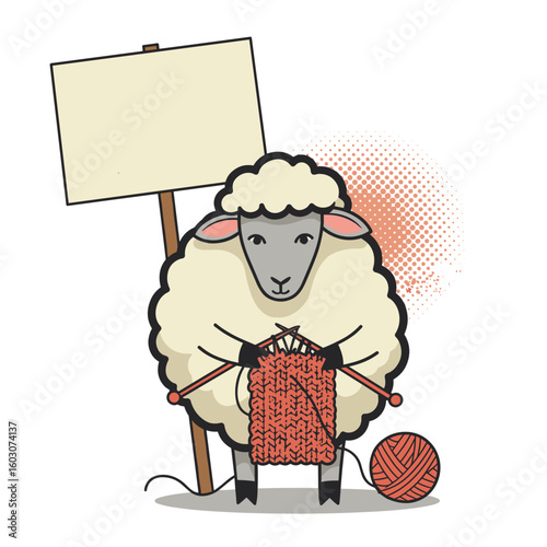 Cartoon sheep knitting with yarn and standing next to a blank sign  