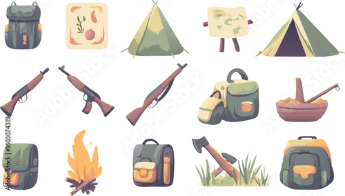 Seamless Pattern of Camping and Hunting Equipment on White Background for Textile
