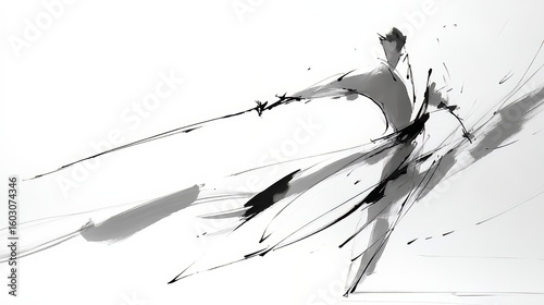Man is depicted in a black and white drawing, holding a sword