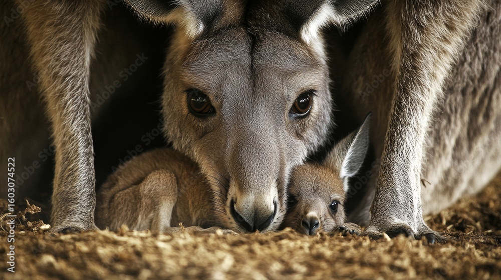 Fototapeta premium Western grey kangaroo with joey peeking from pouch in natural habitat, kangaroo island subspecies macropus fuliginosus, native australian wildlife scene