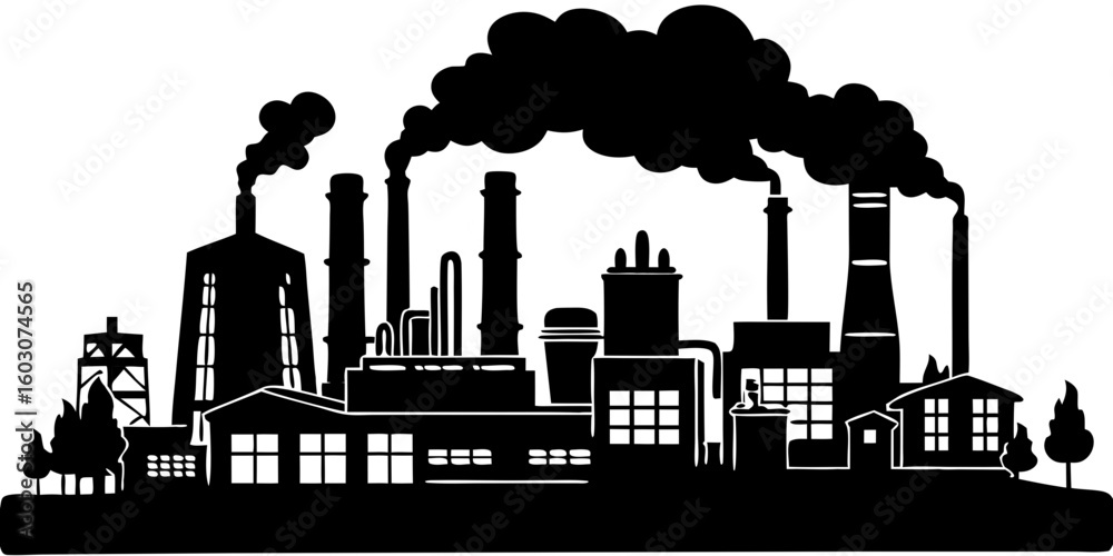 Fototapeta premium Industrial Factory Silhouette with Smoke