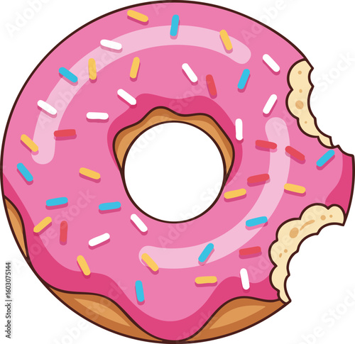 Pink frosted donut with colorful sprinkles and bite taken out vector illustration for sweet dessert and snack design 