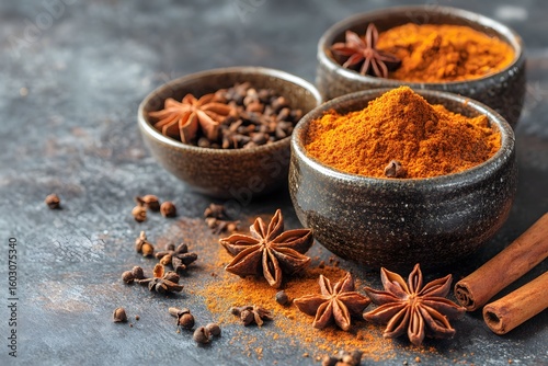 Colorful Spices in Rustic Bowls on Dark Surface with Cinnamon and Star Anise