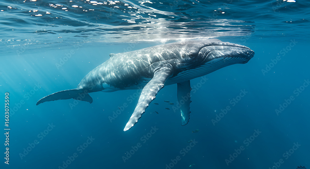 Obraz premium A giant blue whale gliding through the deep blue sea with sun rays filtering from above.