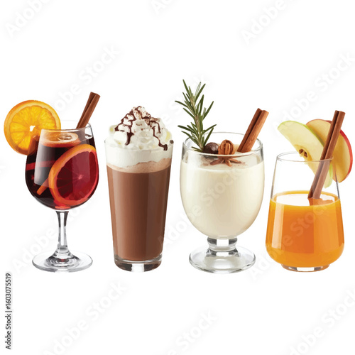 A product photography layout of four winter beverages arranged in a row against a pure white background. 