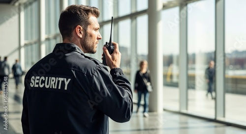 Security officer using walkie talkie inside modern building during patrol with copy space.