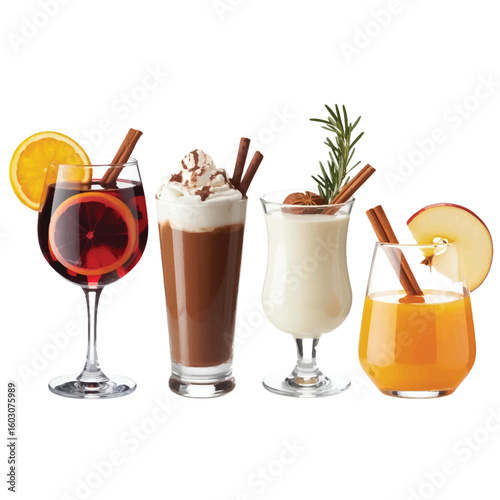 A product photography layout of four winter beverages arranged in a row against a pure white background. 