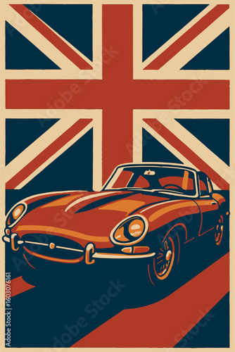Vintage car in front of a british flag with a retro design and a classic automobile style illustration