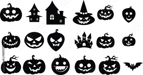 Spooky vector Halloween pumpkin icons: a scary autumn holiday celebration set with jack-o'-lanterns, ghosts, and other orange and black symbols