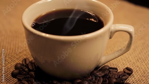 Coffee cup with steam and beans