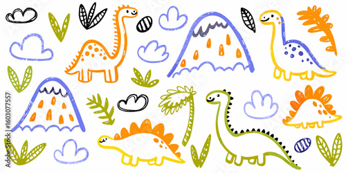 Kids doodle design, Naive baby nature sticker, colorful pencil illustration.