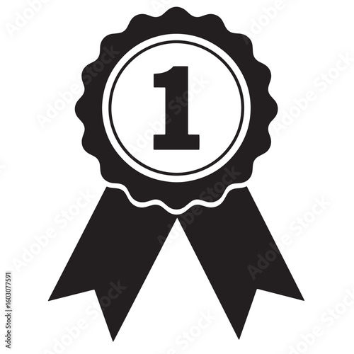 A bold black and white vintage art illustration showcasing a first place winner's ribbon award or badge on a pristine white background.