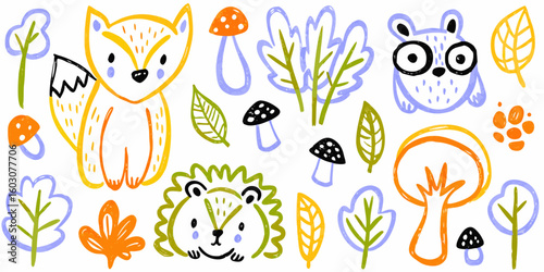 Kids doodle design, Naive baby nature sticker, colorful pencil illustration.